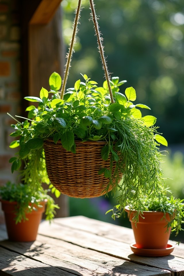 fresh herbs in hanging baskets
