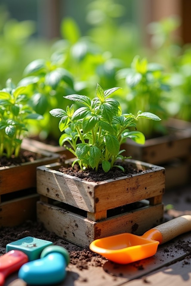 herbs in rustic crates