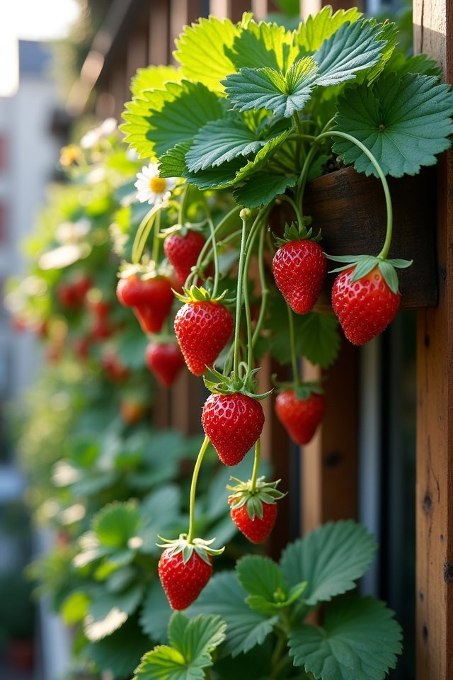 vibrant strawberries in vertical garden
