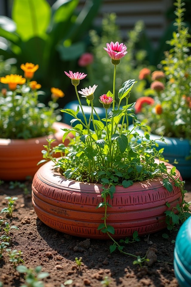 colorful tire plant holders