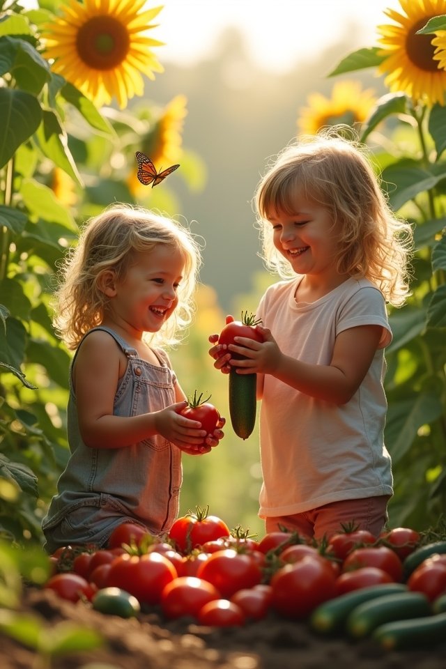 harvesting cheerful sunflowers together