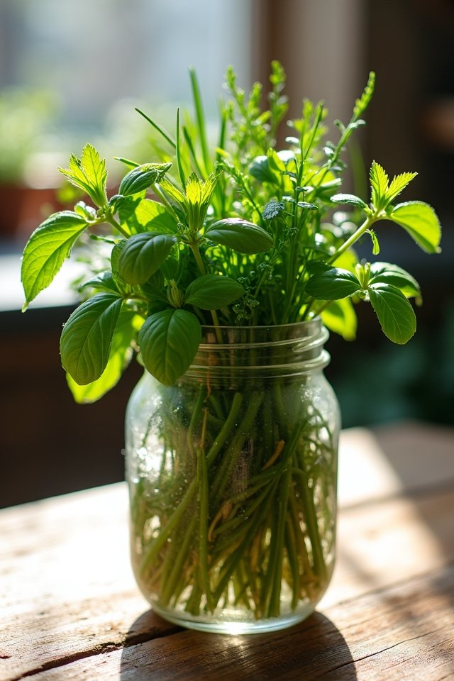 herbs growing in jars
