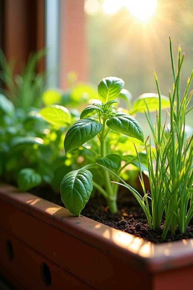herbs thriving in window boxes
